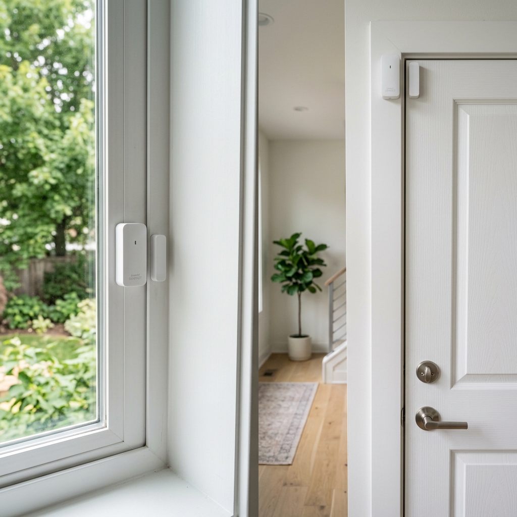 Smart door and window sensors installed on a window frame in a home